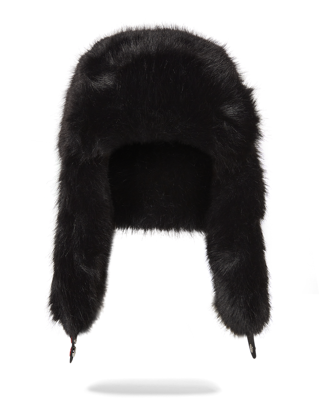 Front angle of faux fur hat showing thermal lining and ear flaps