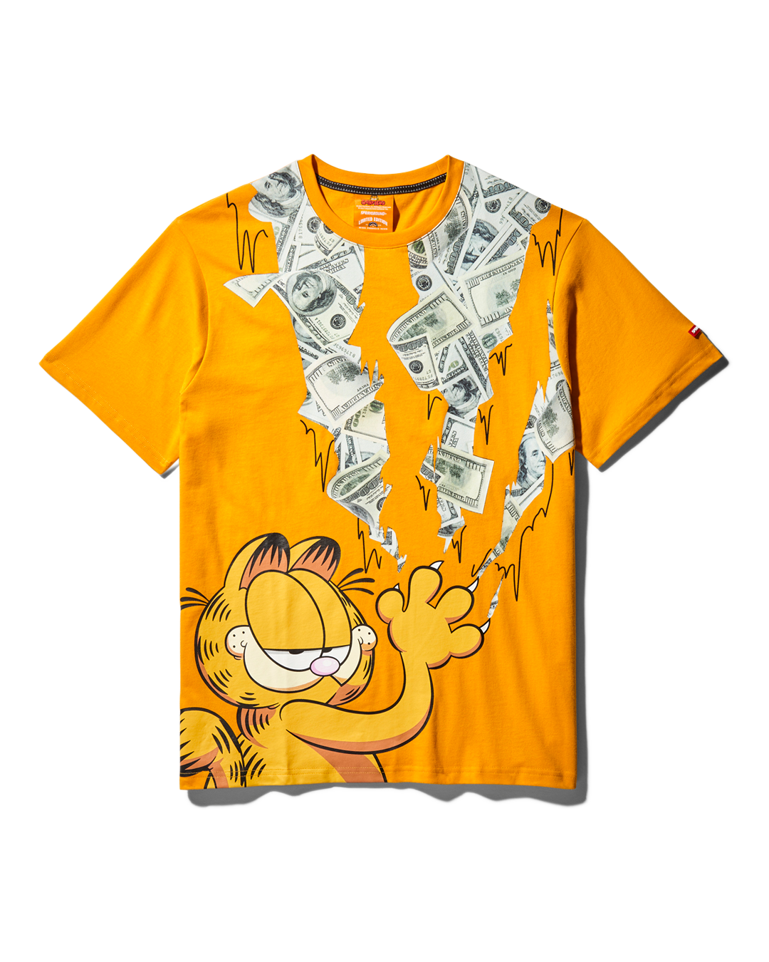 Close-up of the Garfield cat graphic on the orange t-shirt, showcasing the funny design.