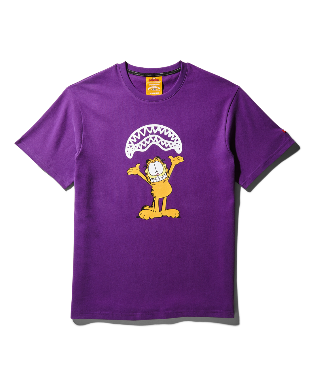 Close-up of the Garfield Sharkmouth design on a purple t-shirt
