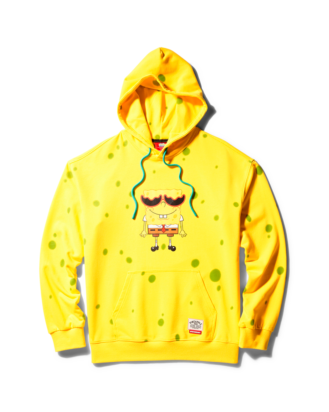 Front view of the SpongeBob hoodie, showcasing bright yellow color and kangaroo pocket.