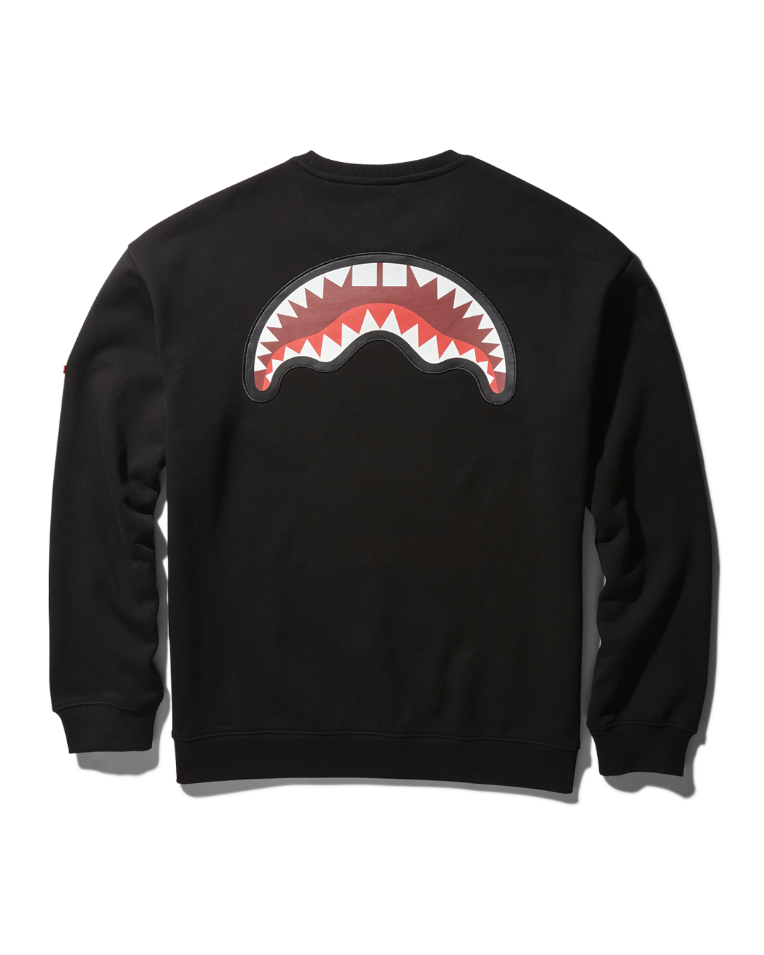Back view of the black crewneck sweater, highlighting the Sprayground signature rubber emblem logo.