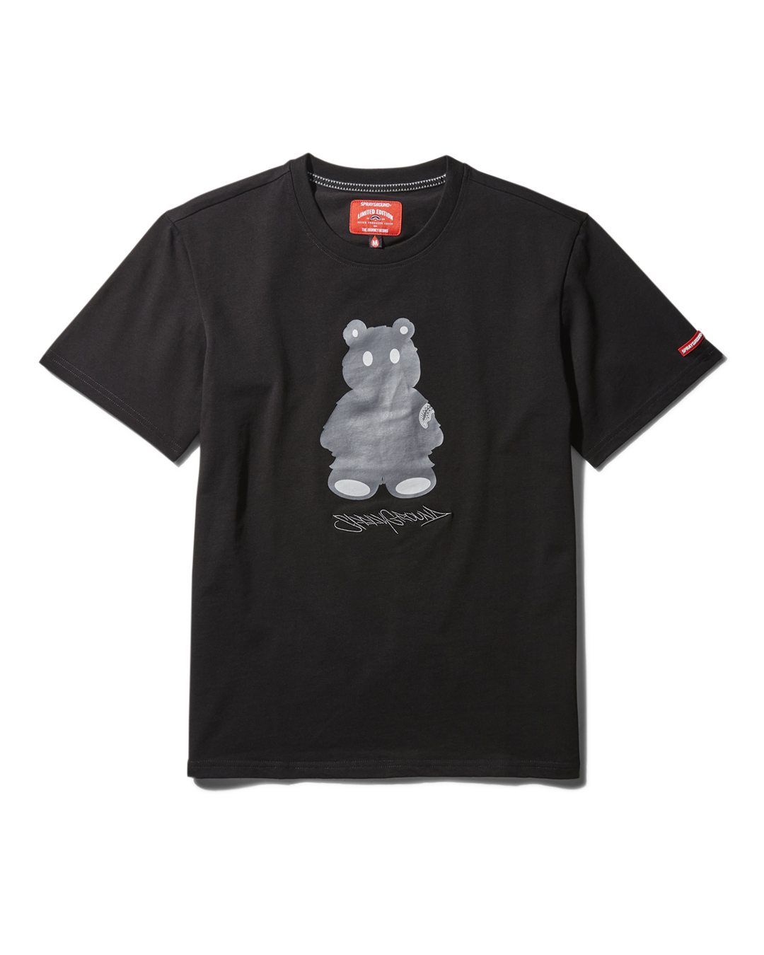 Front view of the black graphic t-shirt with money bear print on a mannequin