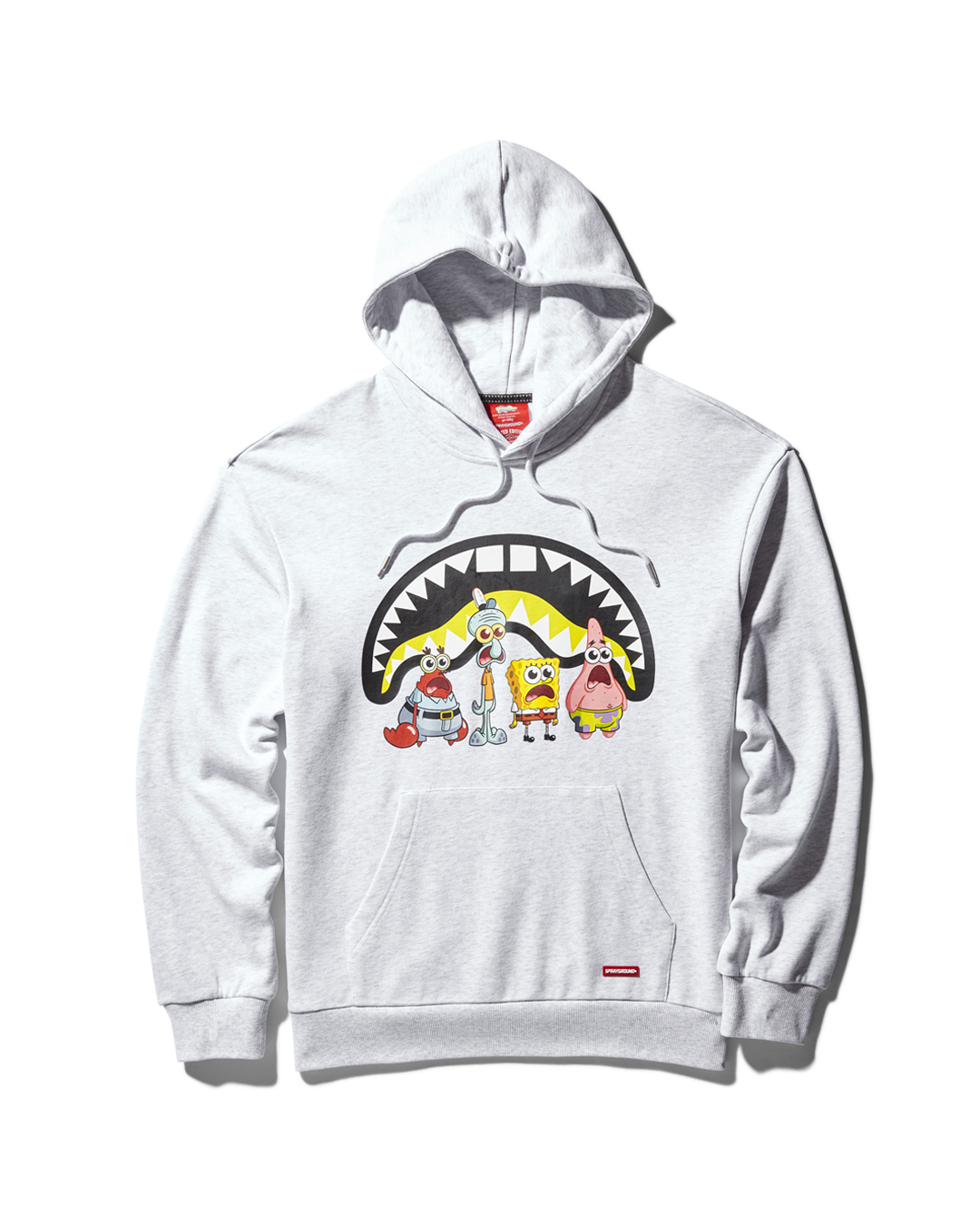 Front view of light grey SpongeBob hoodie with chenille Sprayground patch and kangaroo pocket