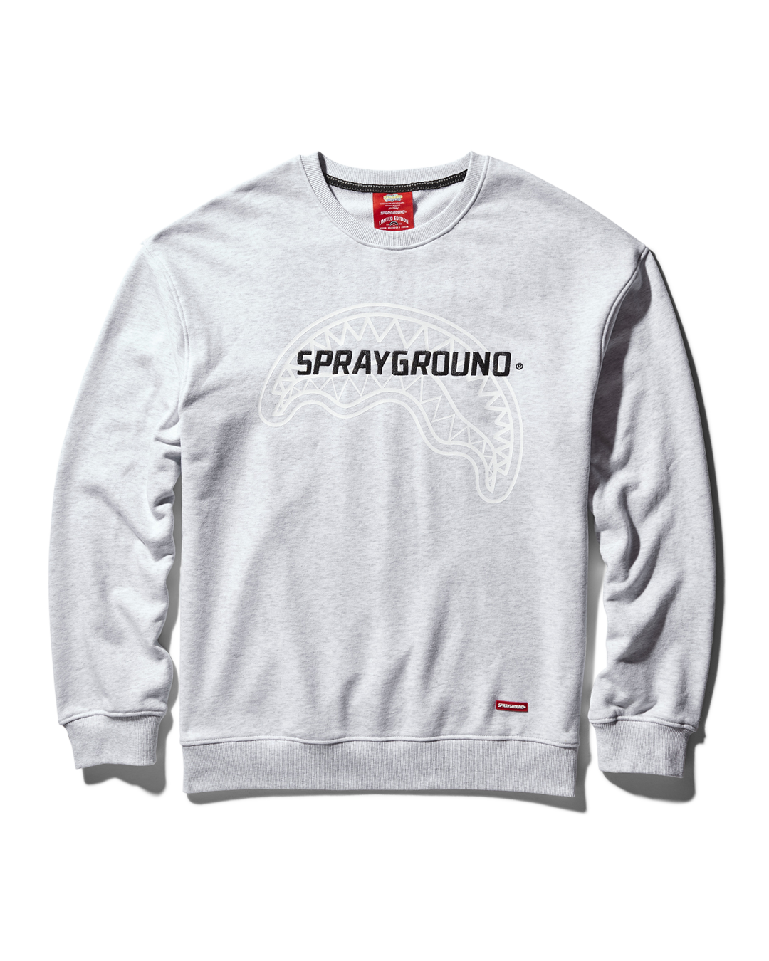 Front view of the light grey crew neck sweatshirt with splat print design