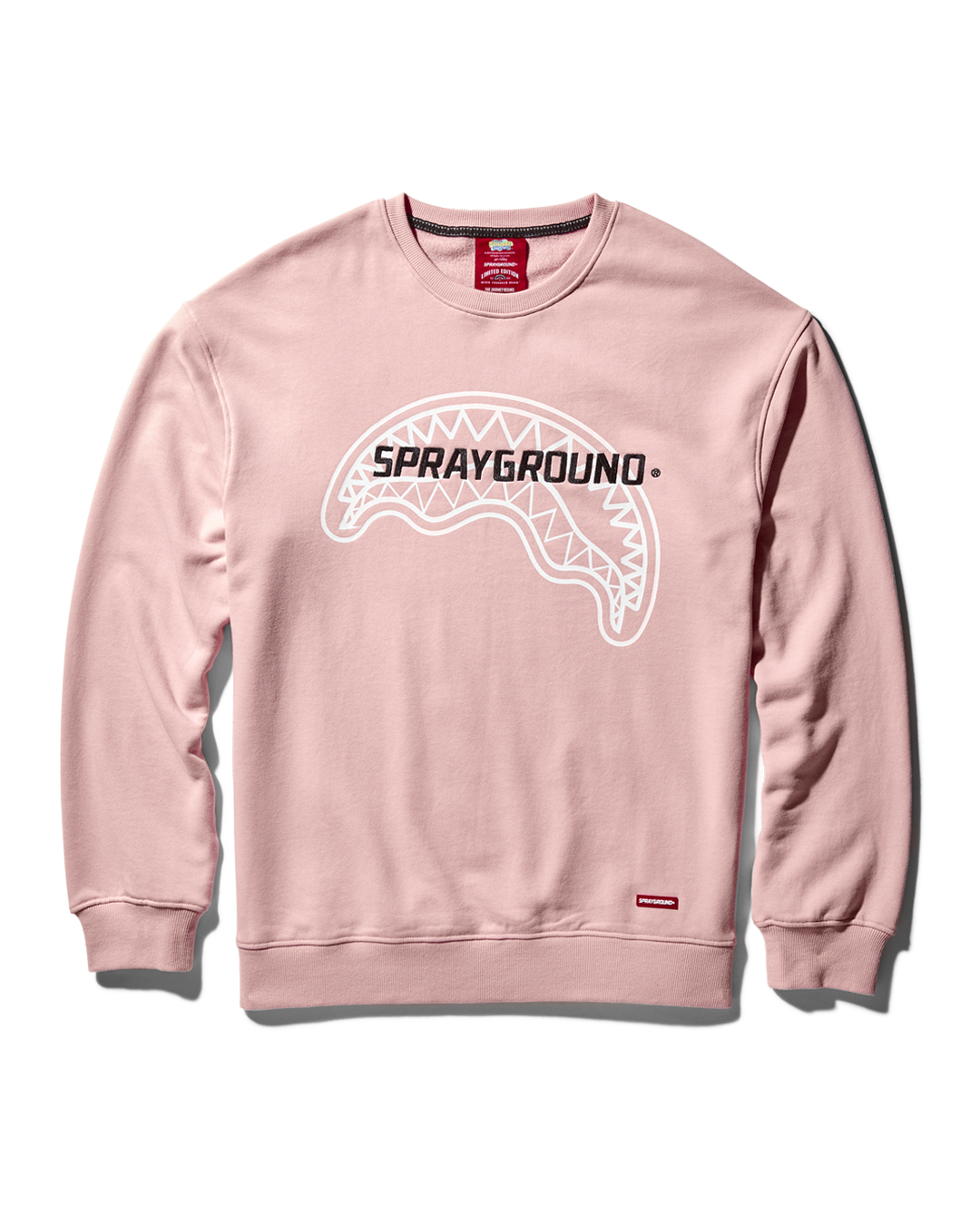 Sprayground pink crewneck sweatshirt front view with all-over splat print