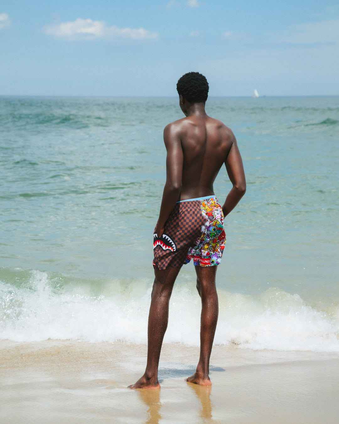 Close-up of Fair Harbor swim trunks fabric and design