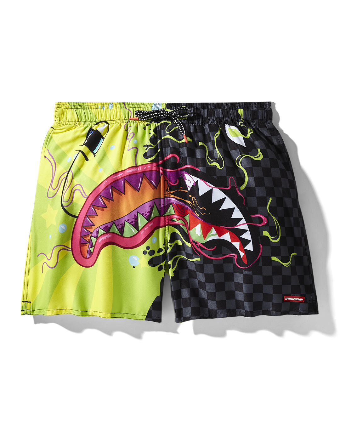 Slime Dime men's swim shorts in stretch fabric, shown on a beach