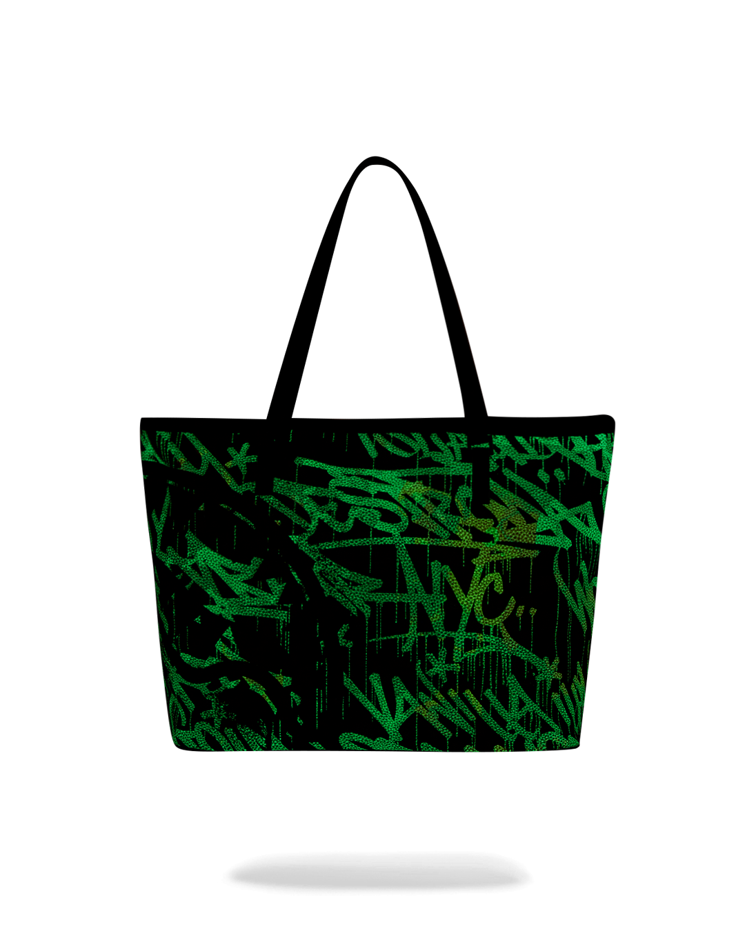Front view of pink Sprayground tote bag glowing at night