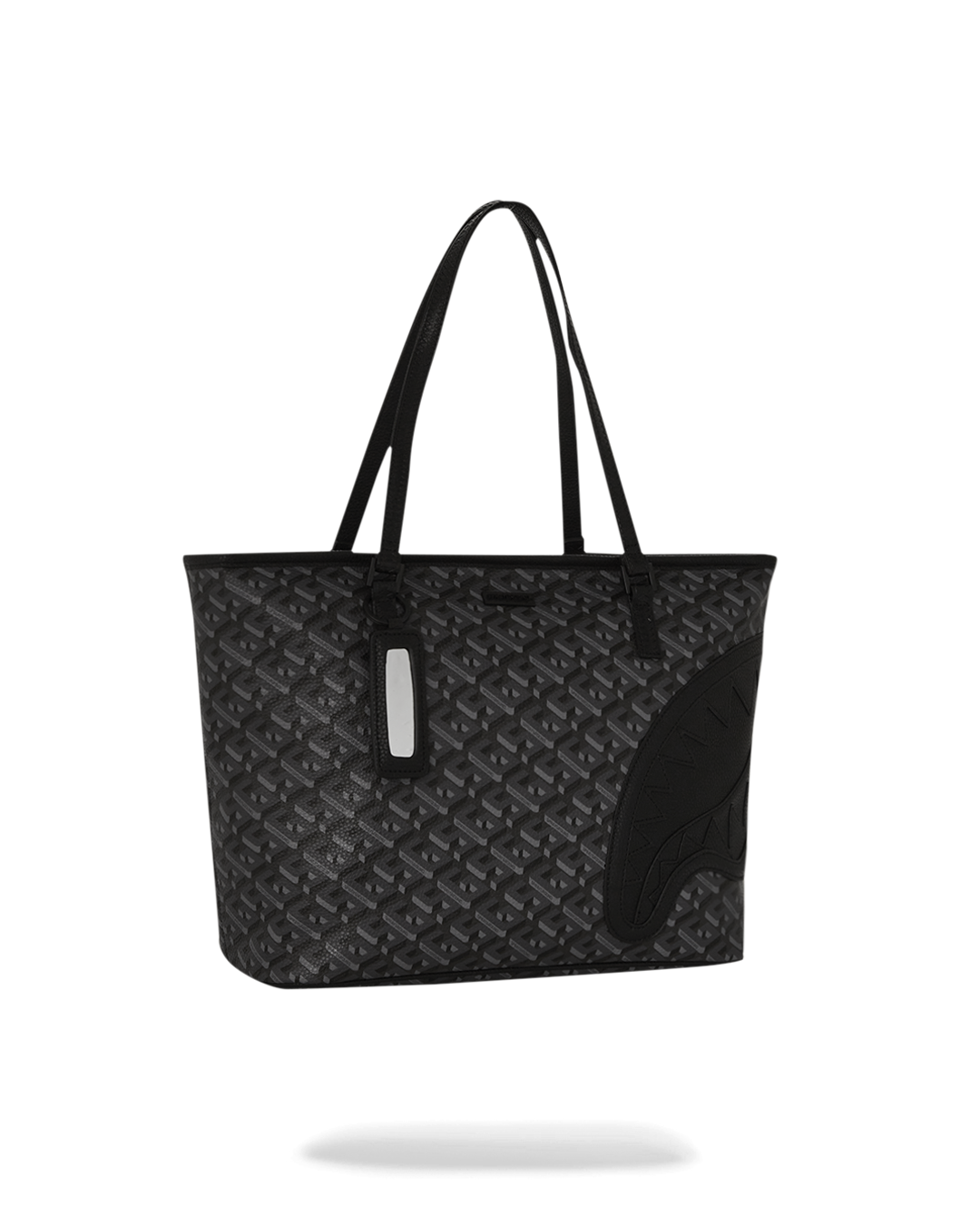 Faux leather tote bag with vibrant print, highlighting the large interior organizer pocket.