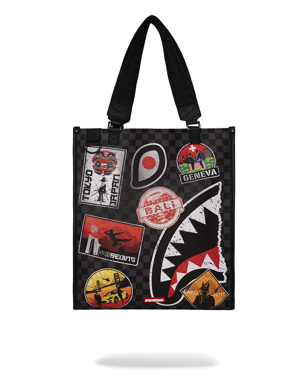 Front view of the Sprayground animal print tote bag with keychain mirror
