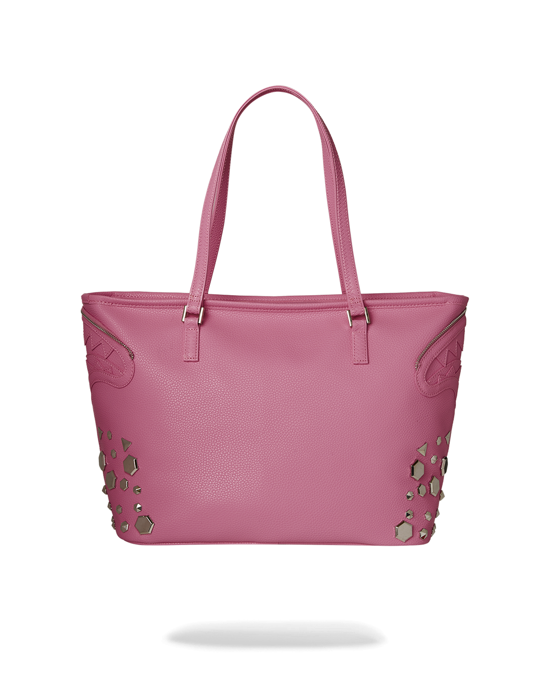 Faux leather tote bag with animal print design, showcasing the plush bear hanging from the zipper.