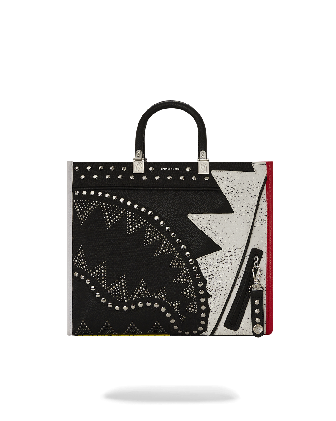 Front view of the designer laptop tote bag showcasing unique zipper pullers and studded detailing.