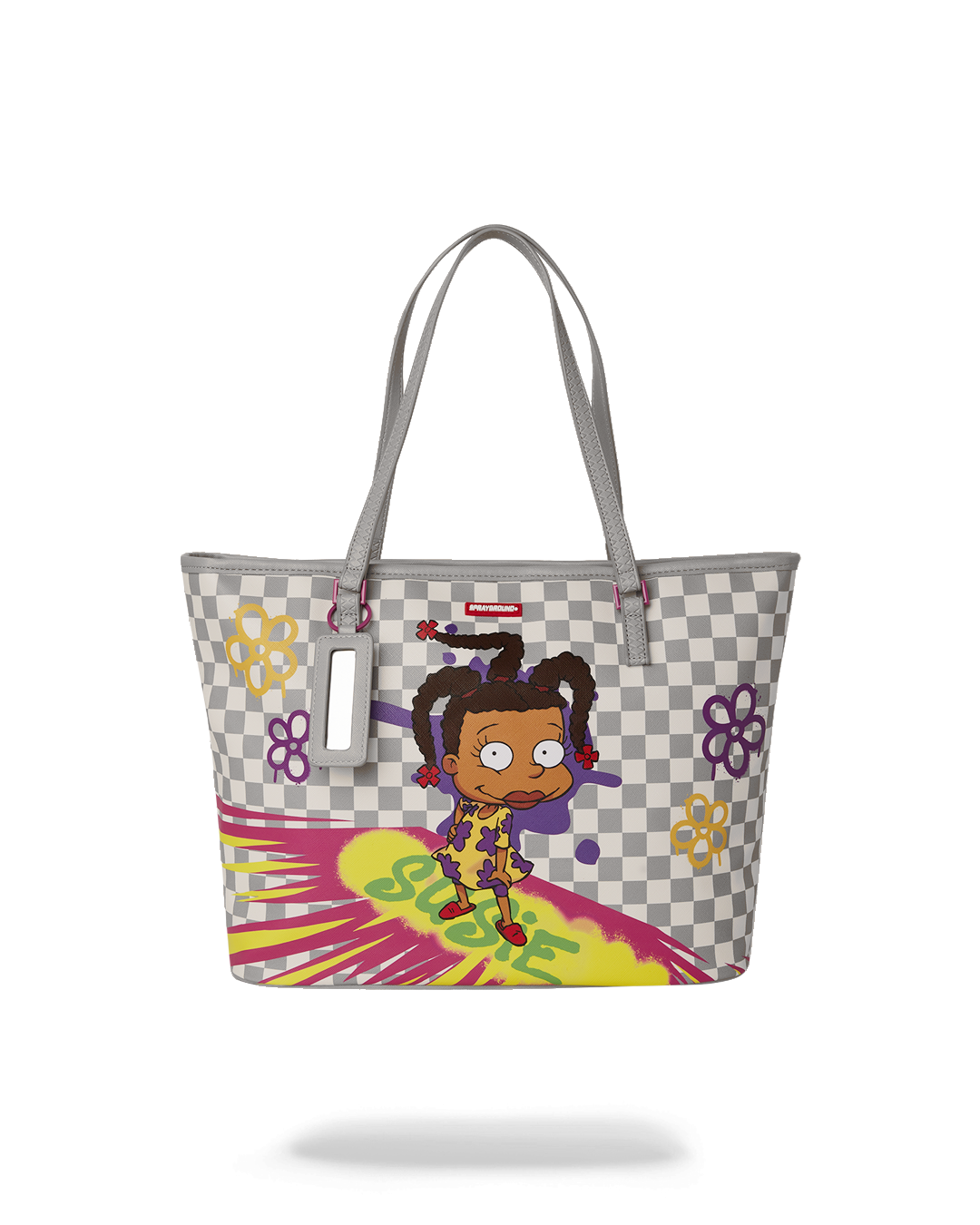 Sprayground Printed Tote Shoulder Bag in use, showcasing its durable faux leather and printed art studio design.