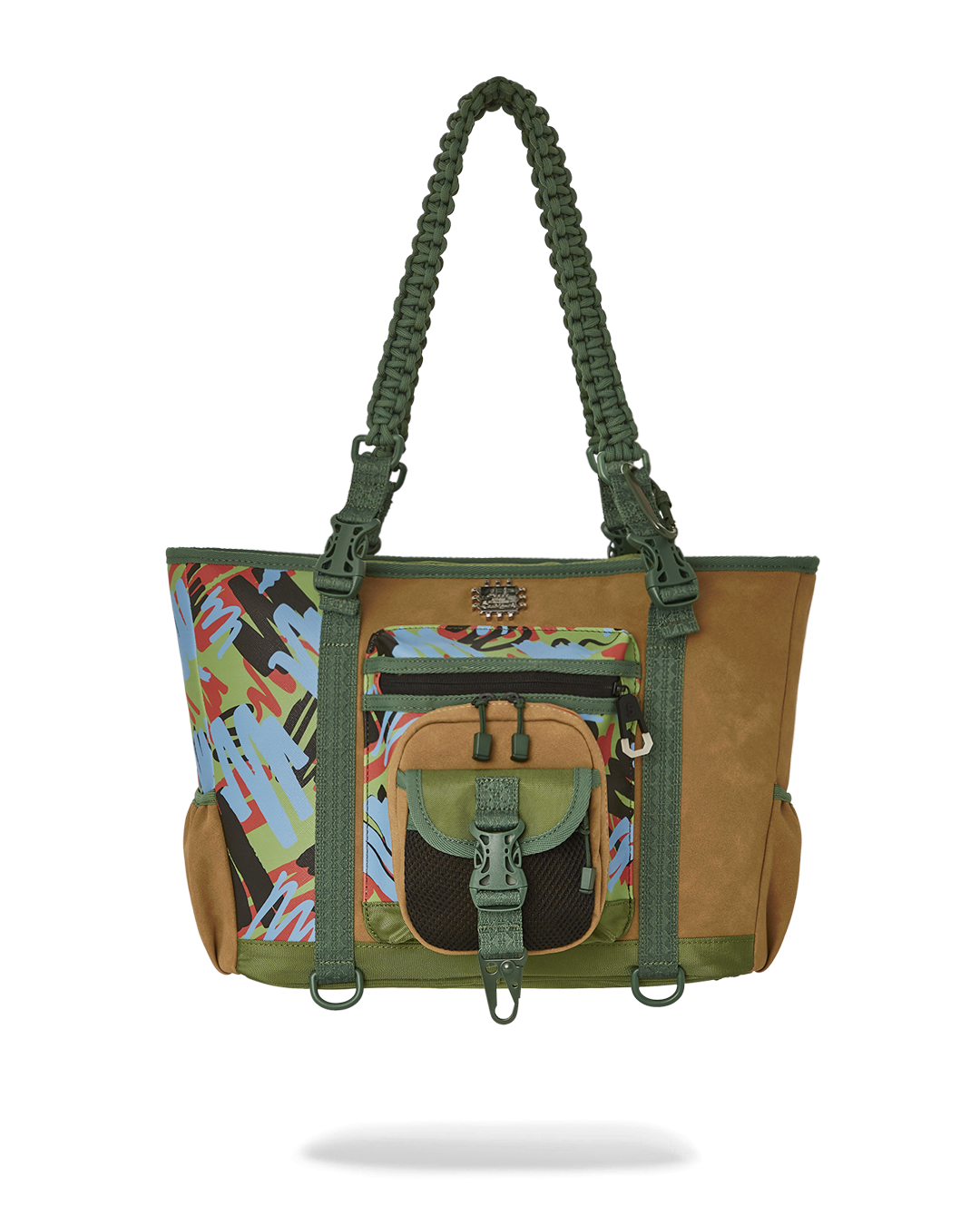 A.I. African Intelligence Cargo Tote Bag front view, highlighting its printed design and top zipper opening.