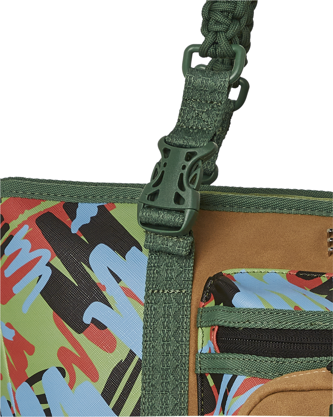 A.I. African Intelligence Cargo Tote Bag front view, highlighting its printed design and top zipper opening.