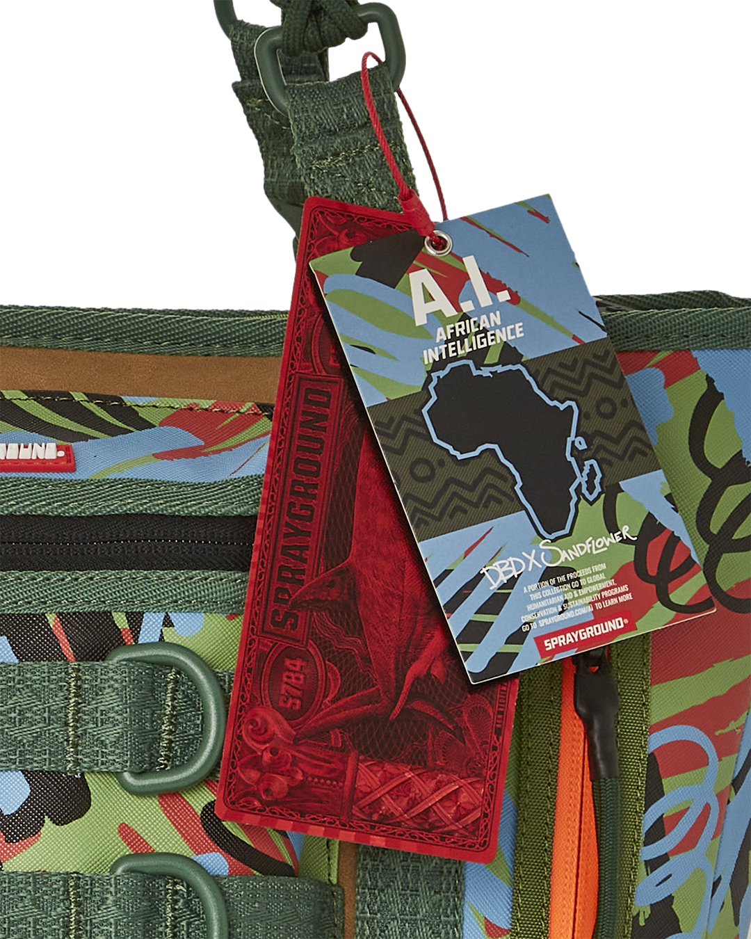 A.I. African Intelligence Cargo Tote Bag in use, showcasing its durable design and multiple cargo pockets.