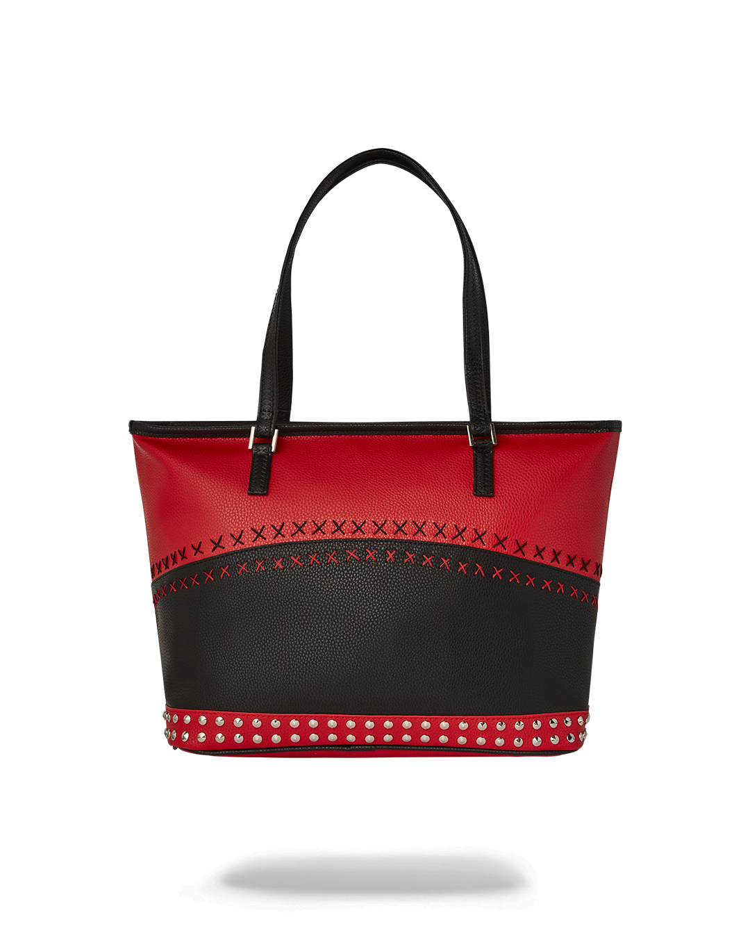 Close-up of the tote bags stud embellishments and zipper hardware