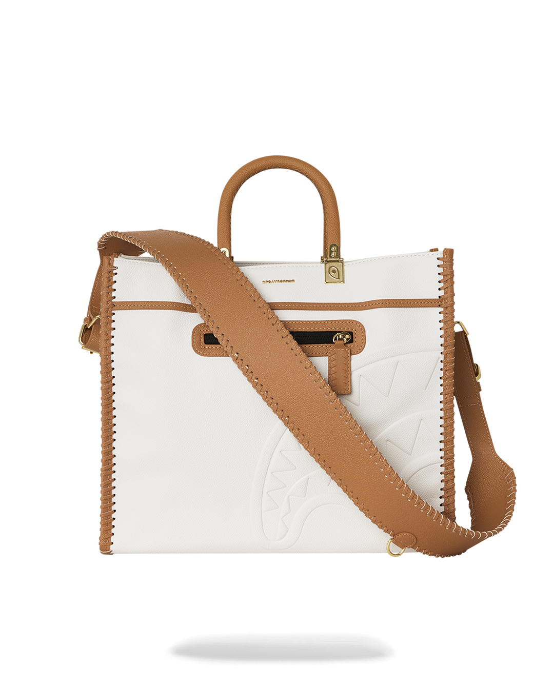 Close-up of faux leather tote bag handle highlighting textured design