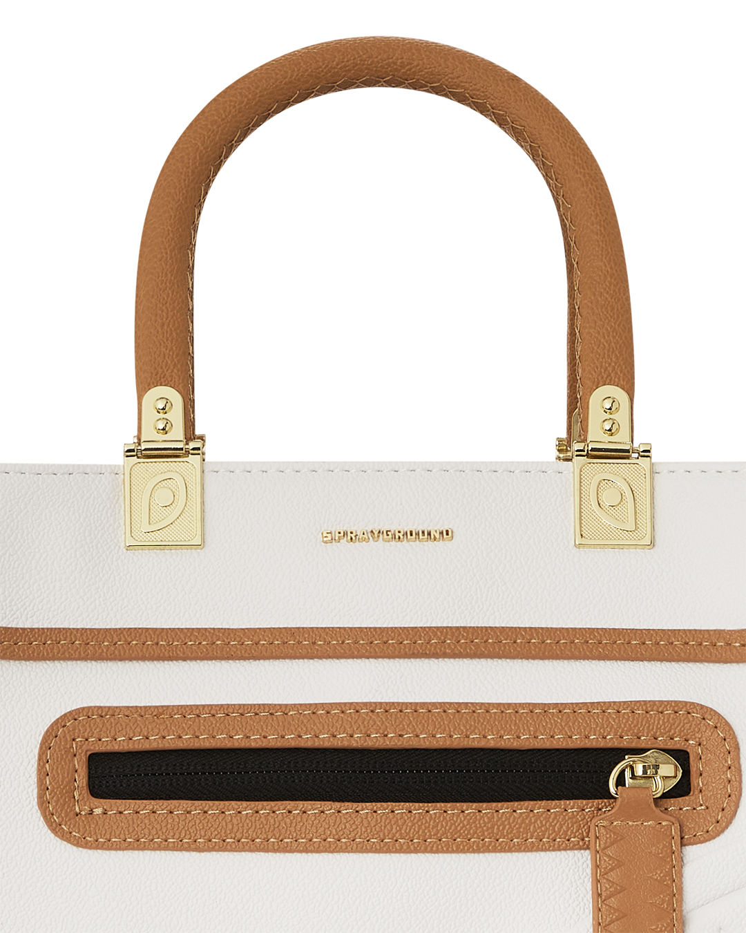 Close-up of faux leather tote bag handle highlighting textured design