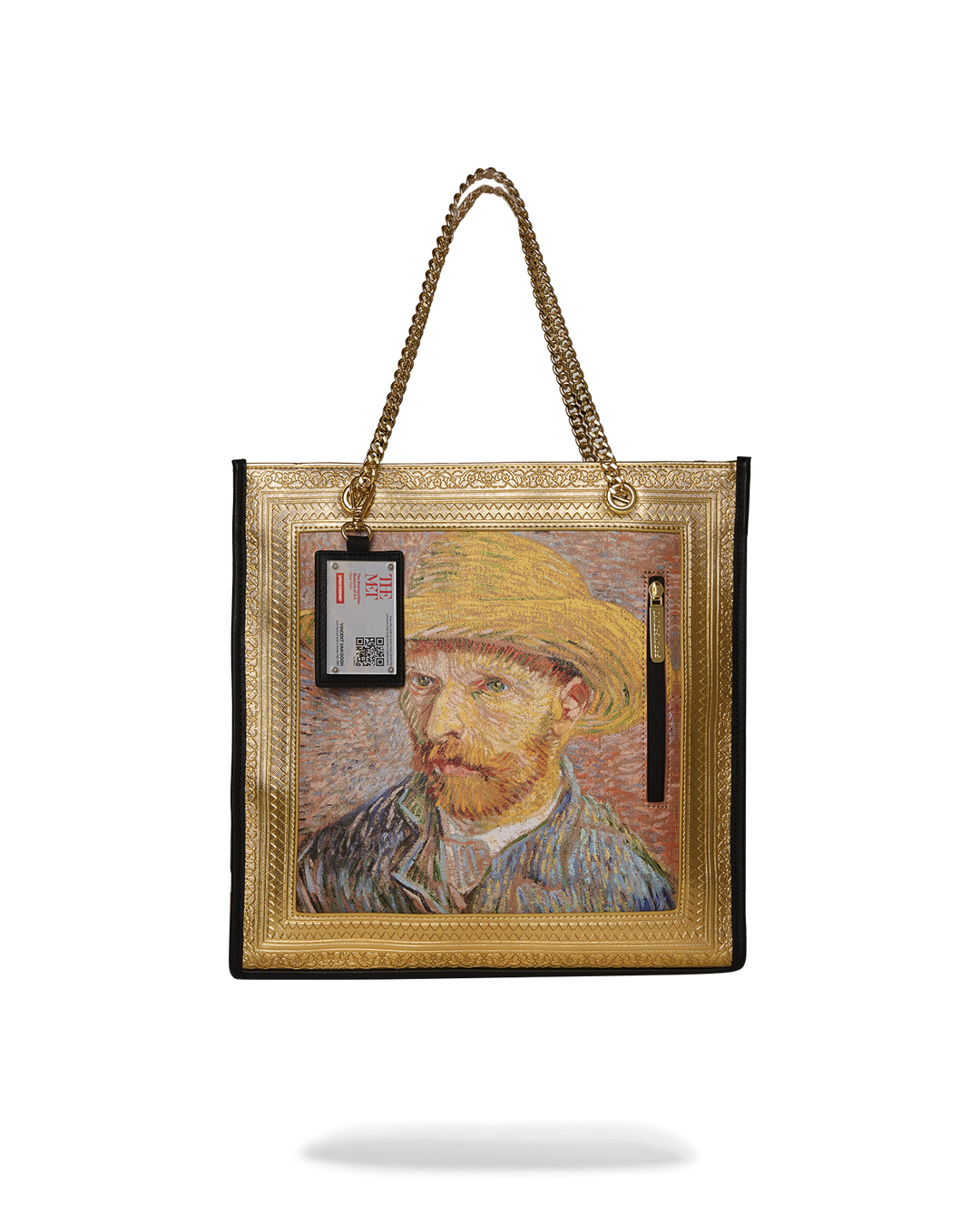 Detailed view of the Van Gogh self-portrait tote bag with gold chain handles.