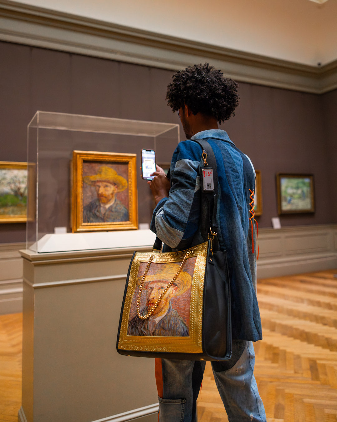 Stylish Van Gogh tote bag displayed outdoors, perfect for art lovers.