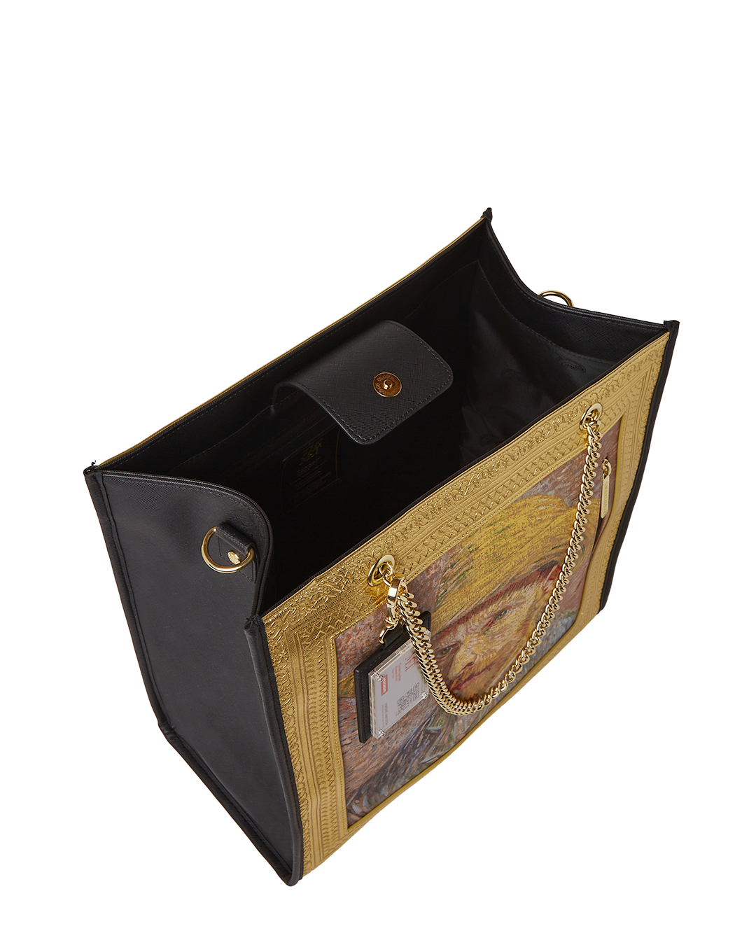 Detailed view of the Van Gogh self-portrait tote bag with gold chain handles.