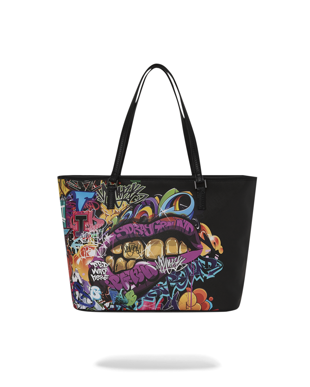 Close-up of the faux leather texture and bold graphic print