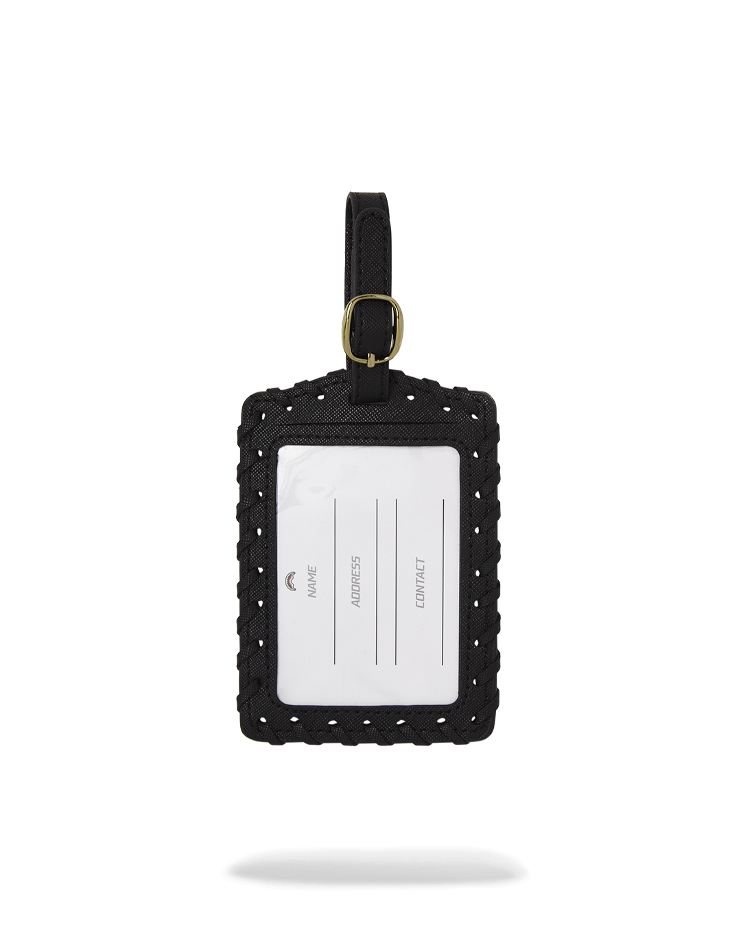 Sprayground Sharkmouth luggage tag attached to a travelers luggage, highlighting its functionality