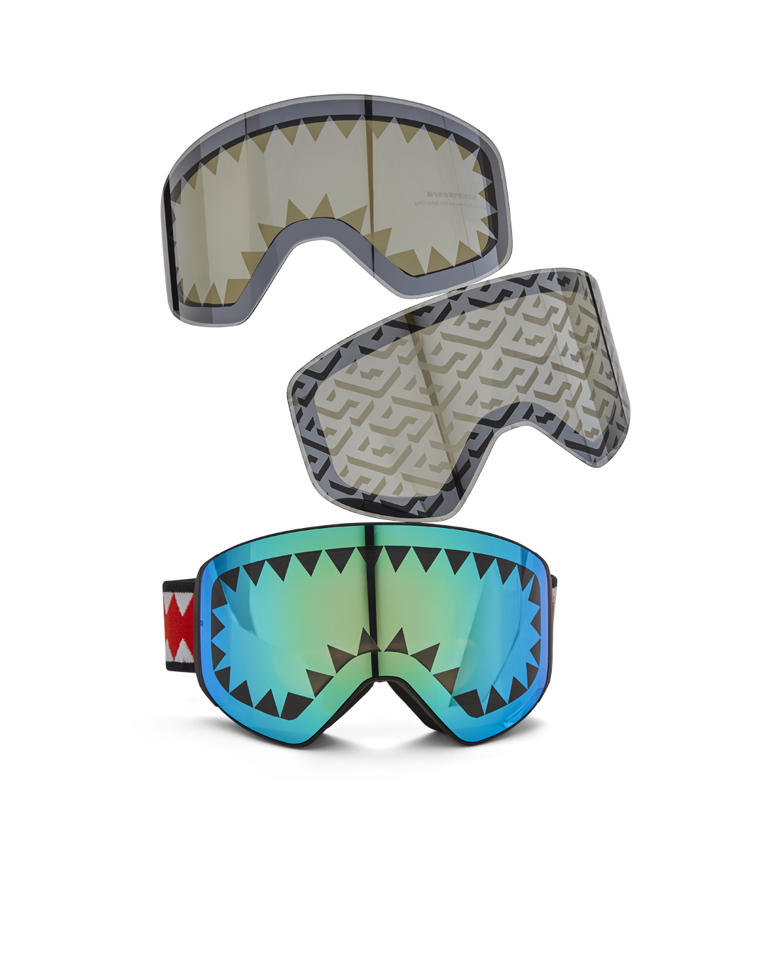 Goggles stored in hardshell case with accessories laid out