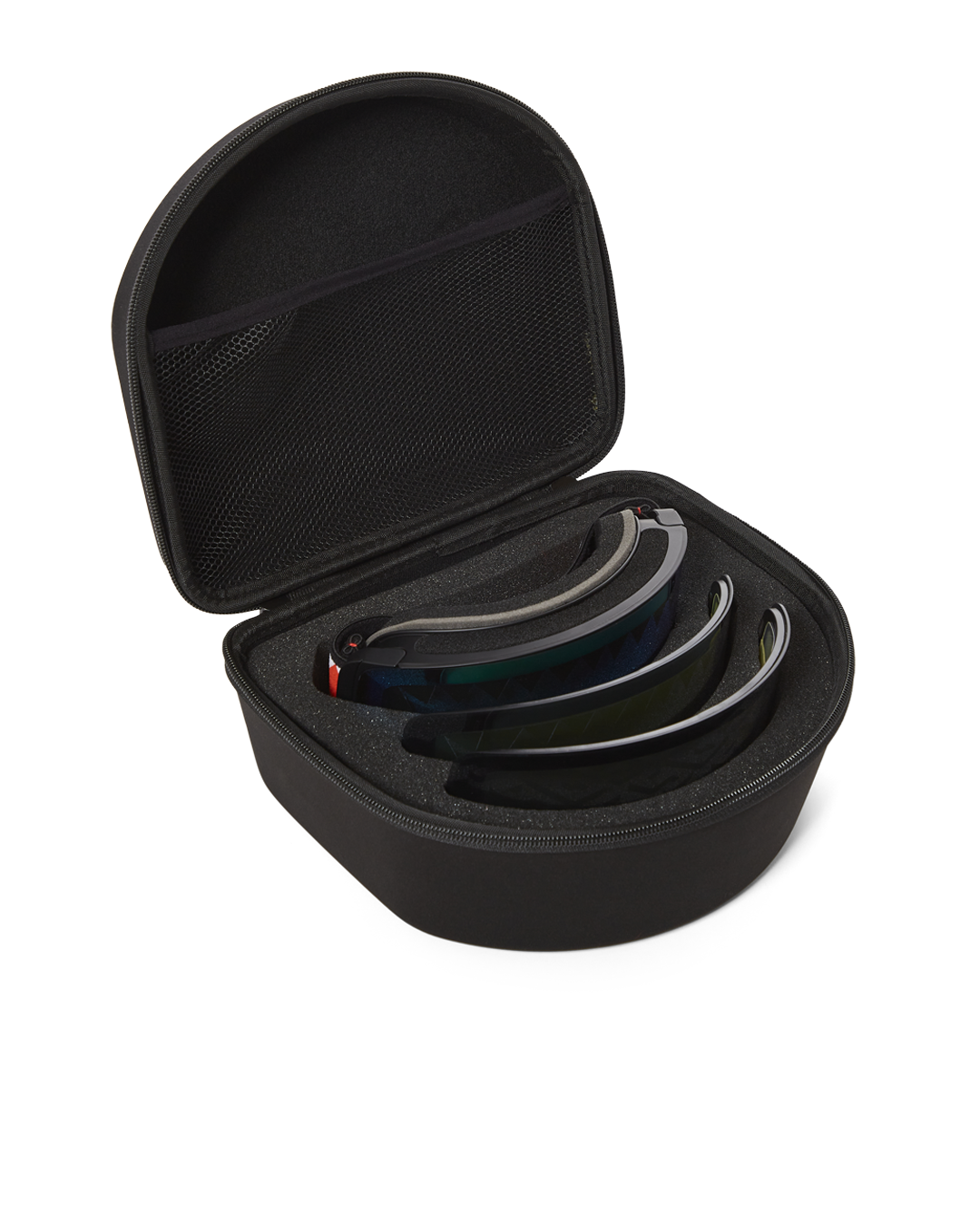 Goggles stored in hardshell case with accessories laid out
