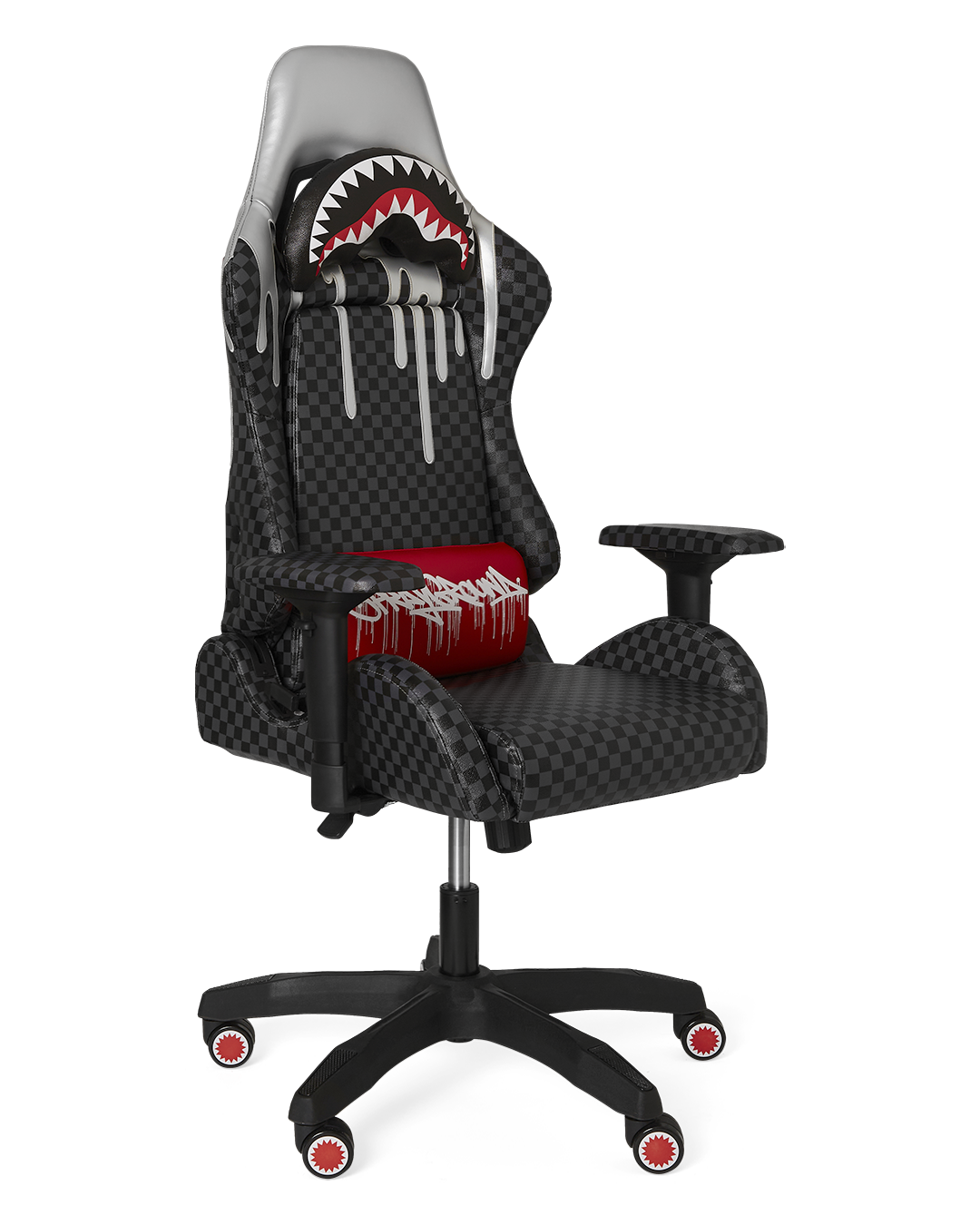 Limited edition tag and shark-print fabric detail on chair back