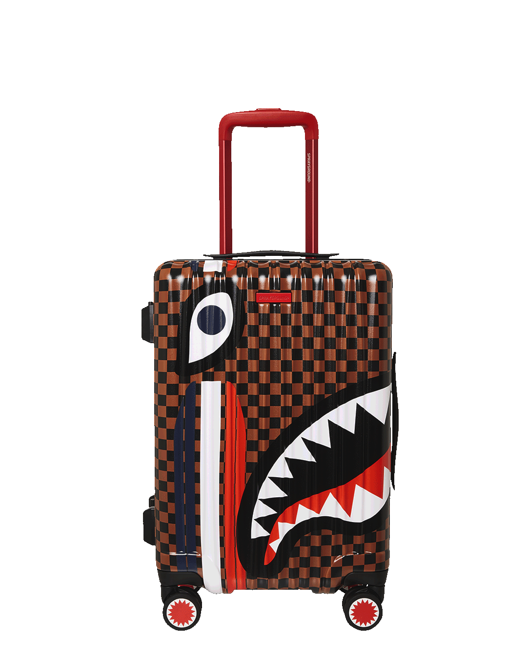 SHARKS IN PARIS GT polycarbonate carry-on luggage shown in travel mode with extended handle