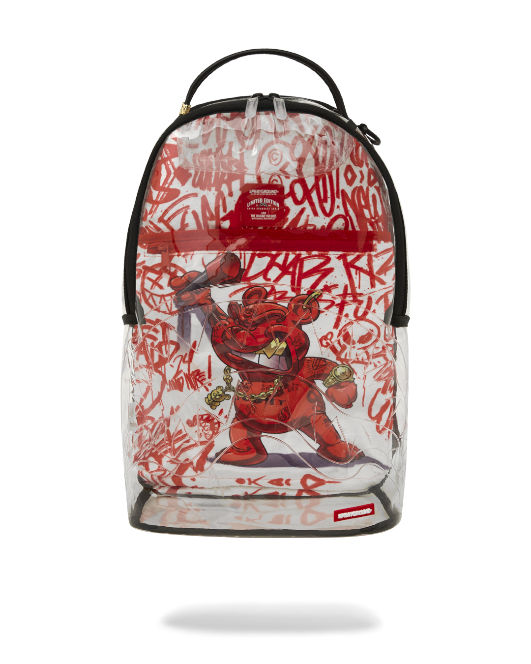 Clear Sprayground backpack with Diablo artwork on back panel, front view.