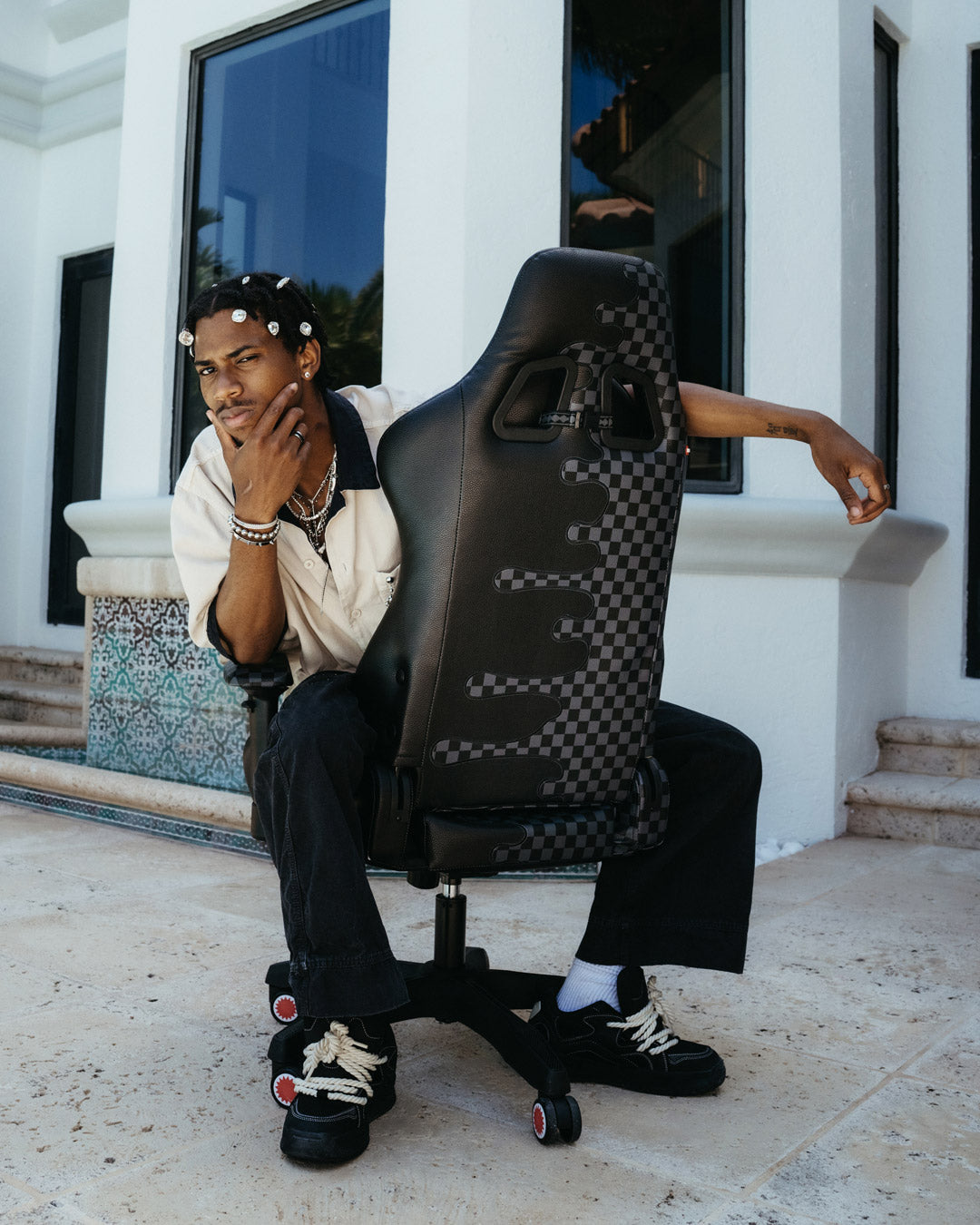 Speed Shark gaming chair tilted at 145-degree recline, showcasing ergonomic design