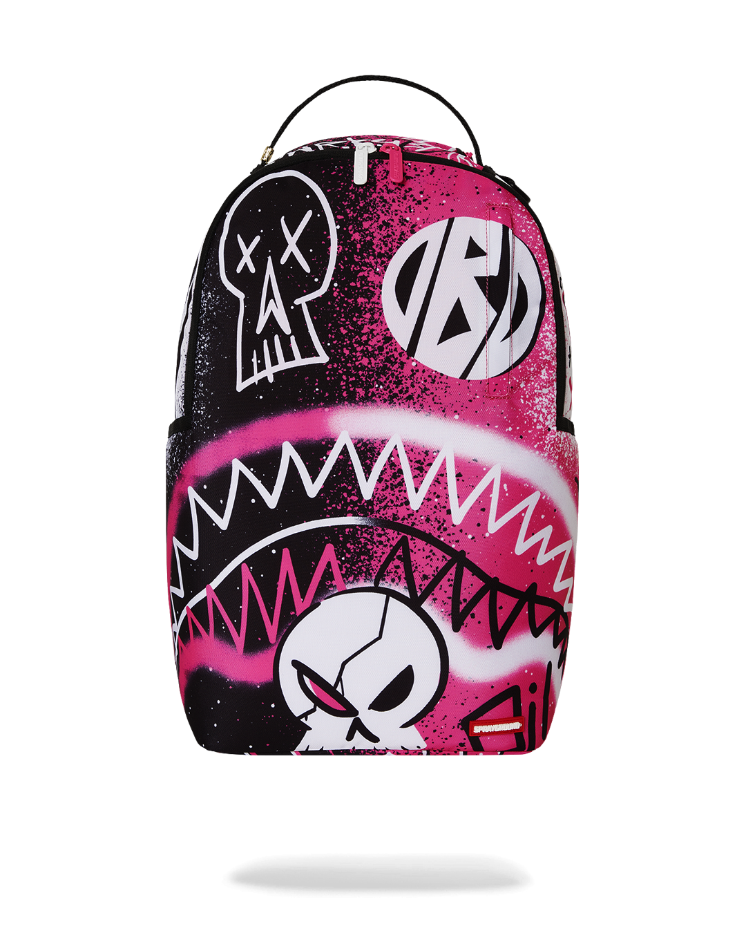 Front view of the black Sprayground DLXR backpack with zippered pockets