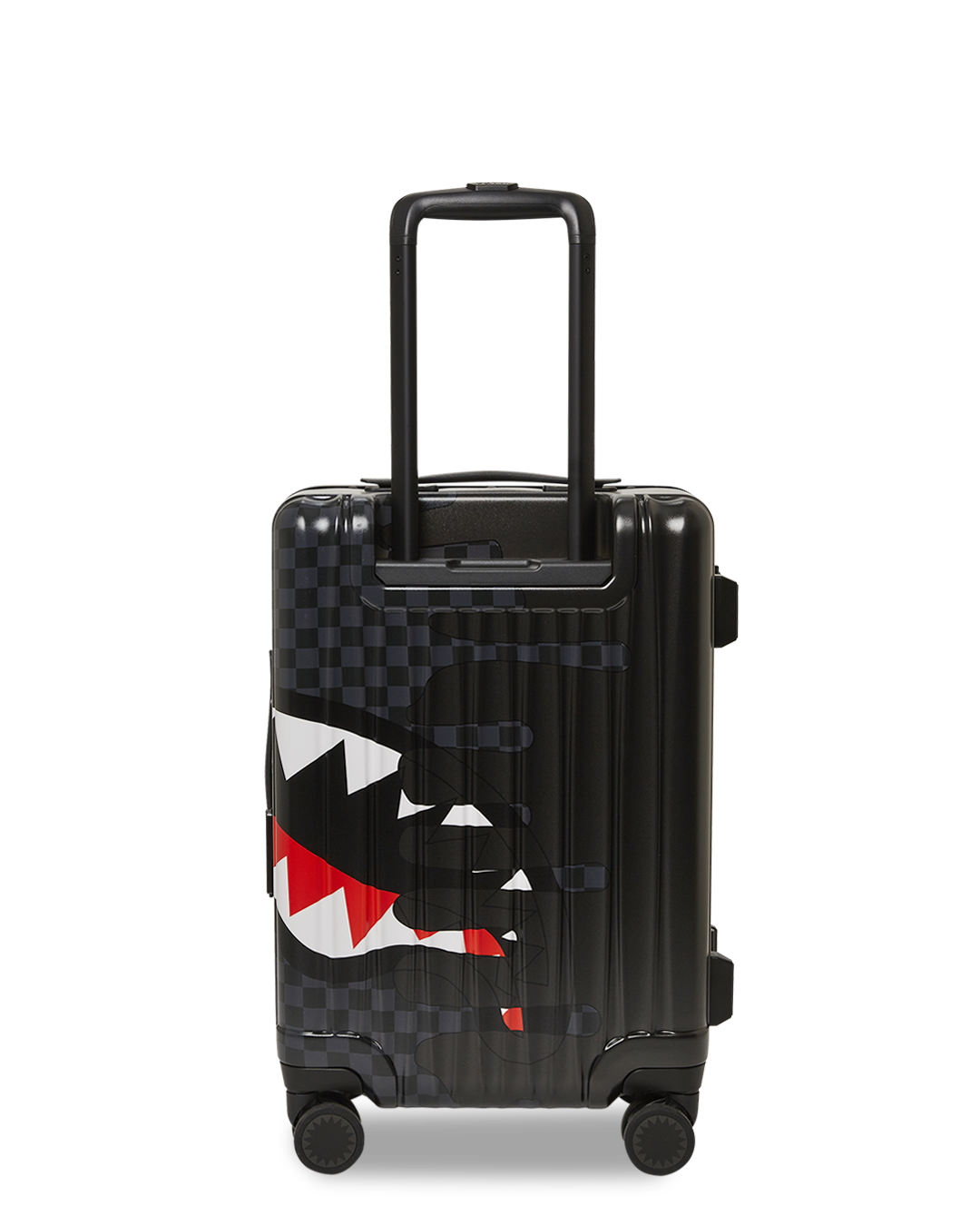 Interior of SpeedShark hardshell carry-on luggage showing multiple pockets and compression straps