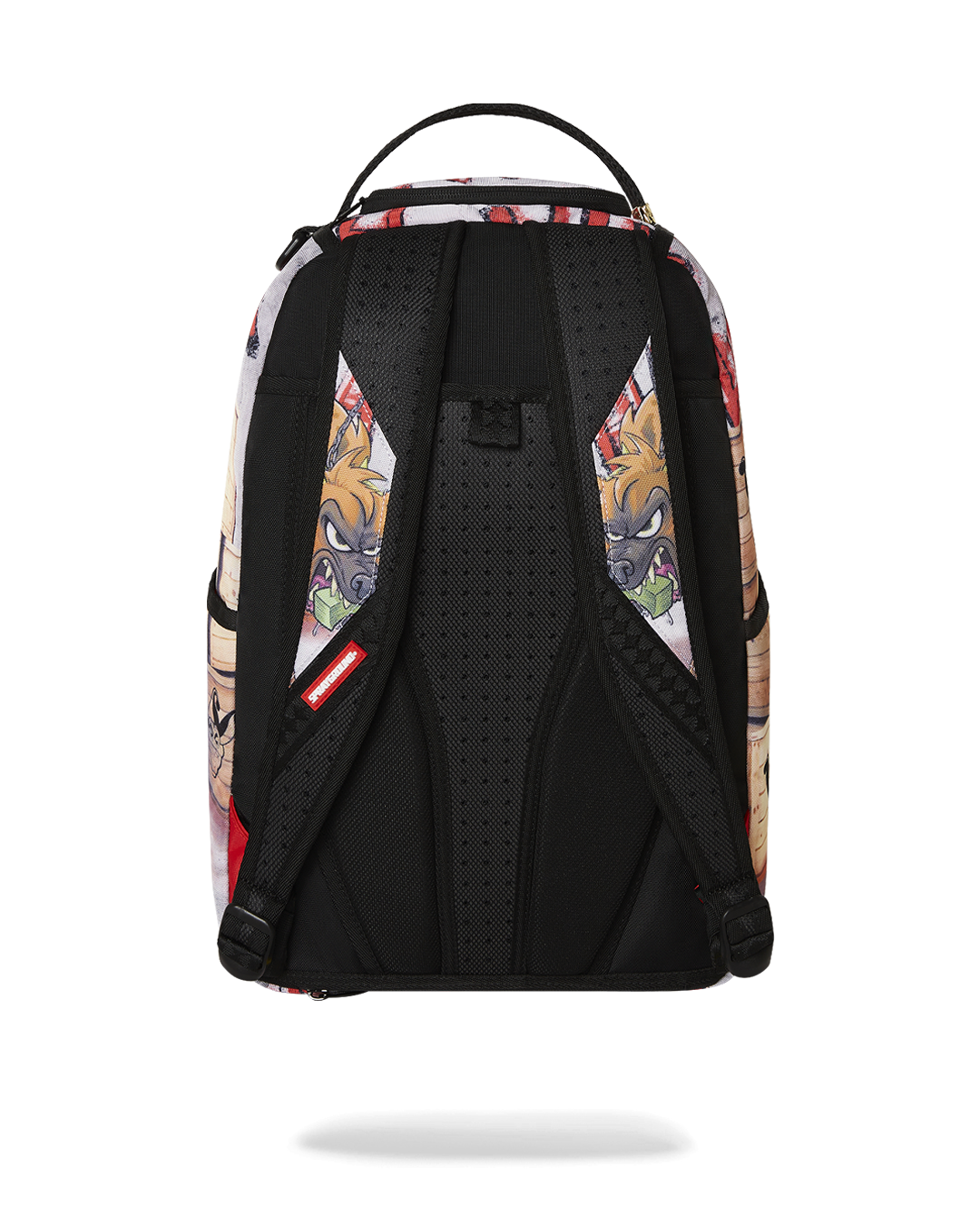 Front view of Harley Quinn backpack showing gold zippers and front pocket