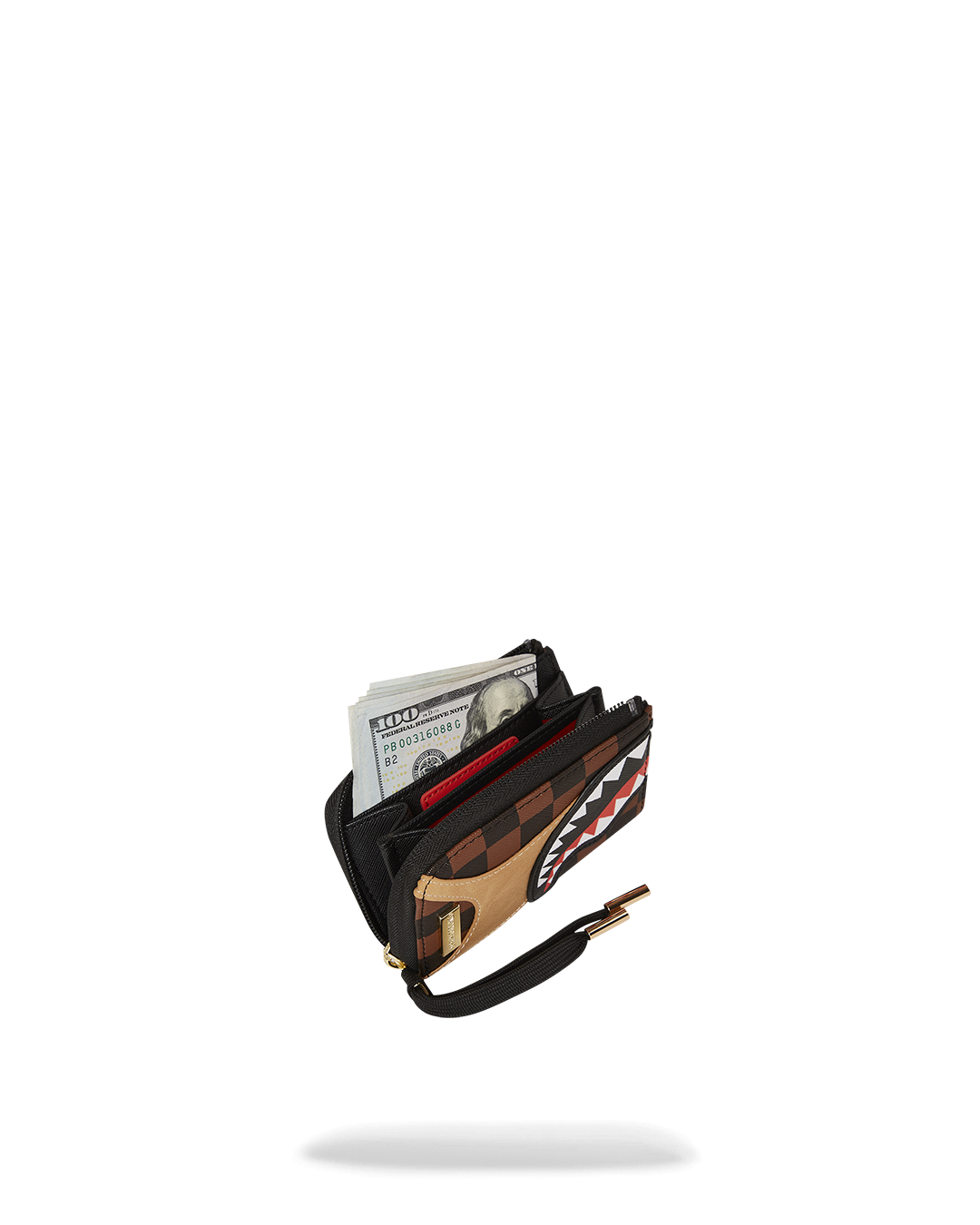 Wallet in use with cards and bills, paired with a Coach card holder for scale