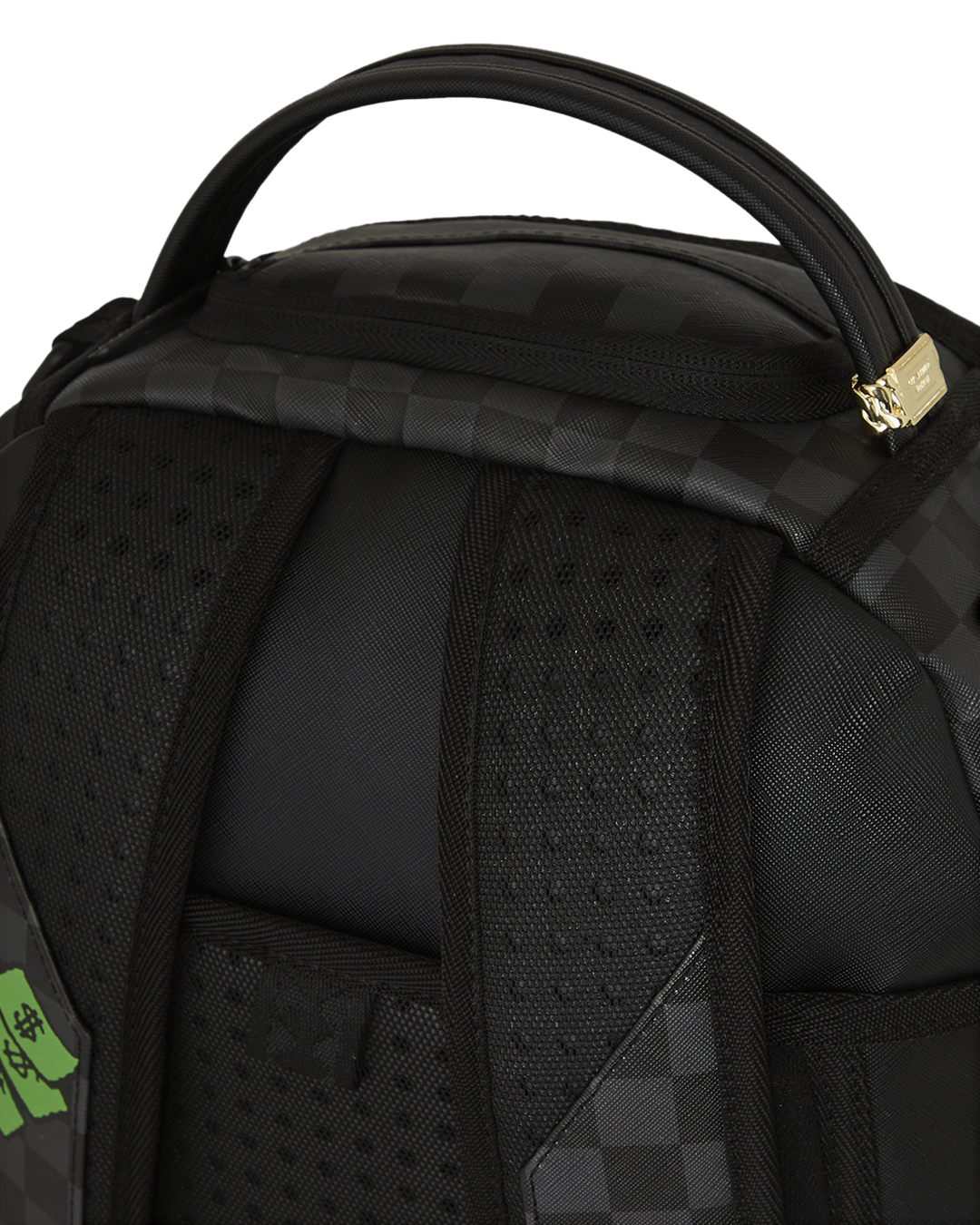 Close-up of the faux leather Snoopy mini backpack with front and side pockets.