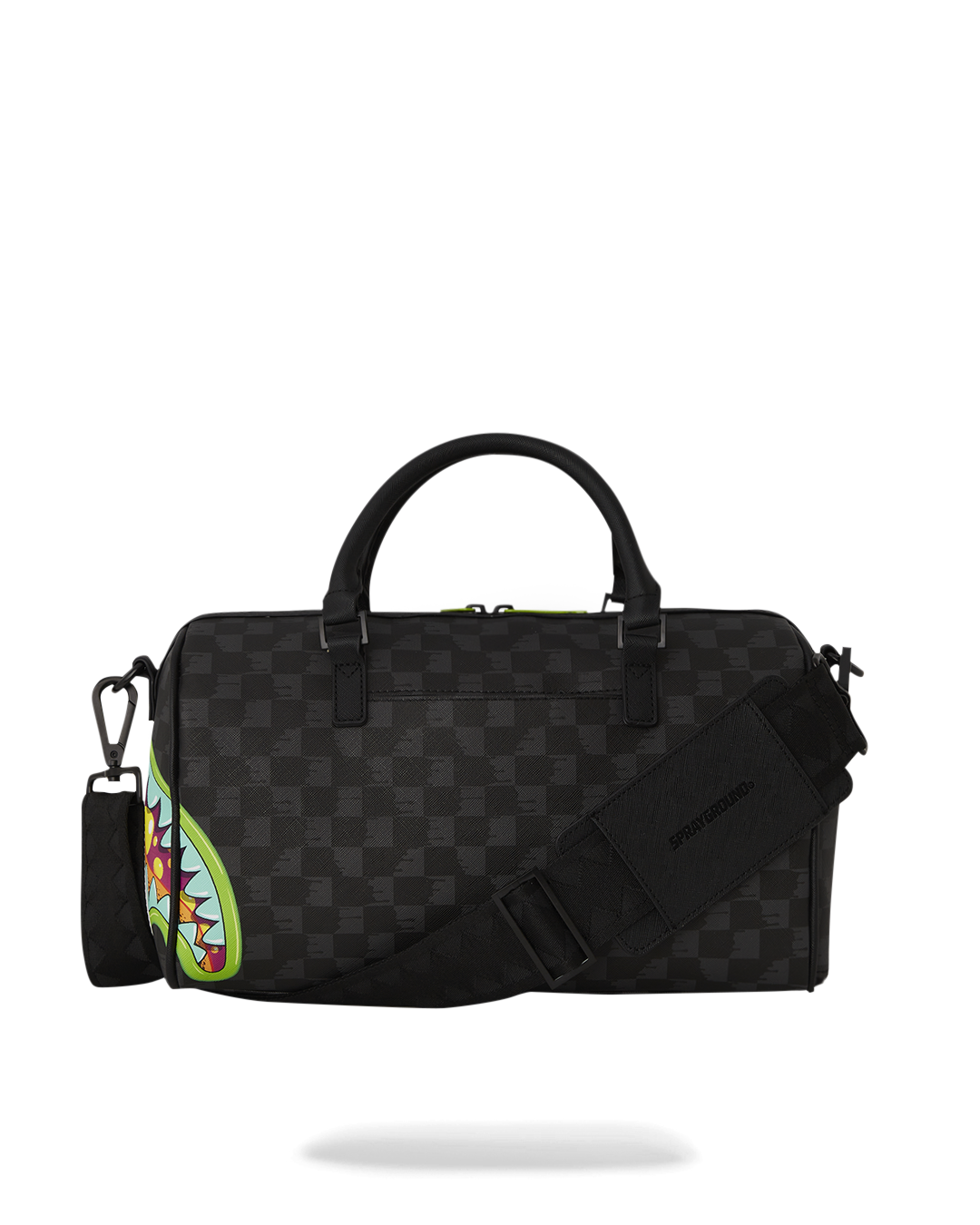 Side view of the mini duffle purse showcasing water-resistant fabric and compact design