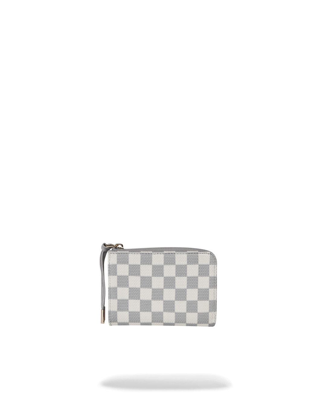 Angle shot showing the fly knit texture and elastic closure of this mens designer wallet.