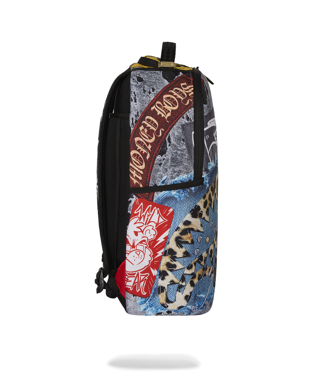 Side profile of the luxury backpack showing ergonomic mesh padding.