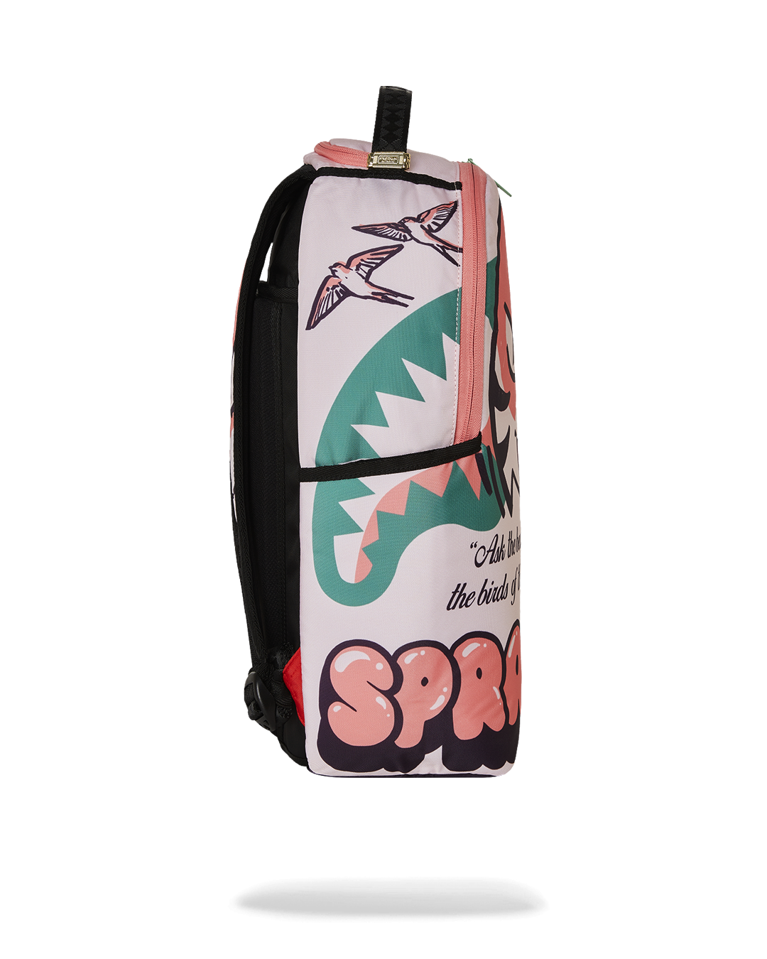 Side view of the backpack with spacious exterior pockets for travel essentials