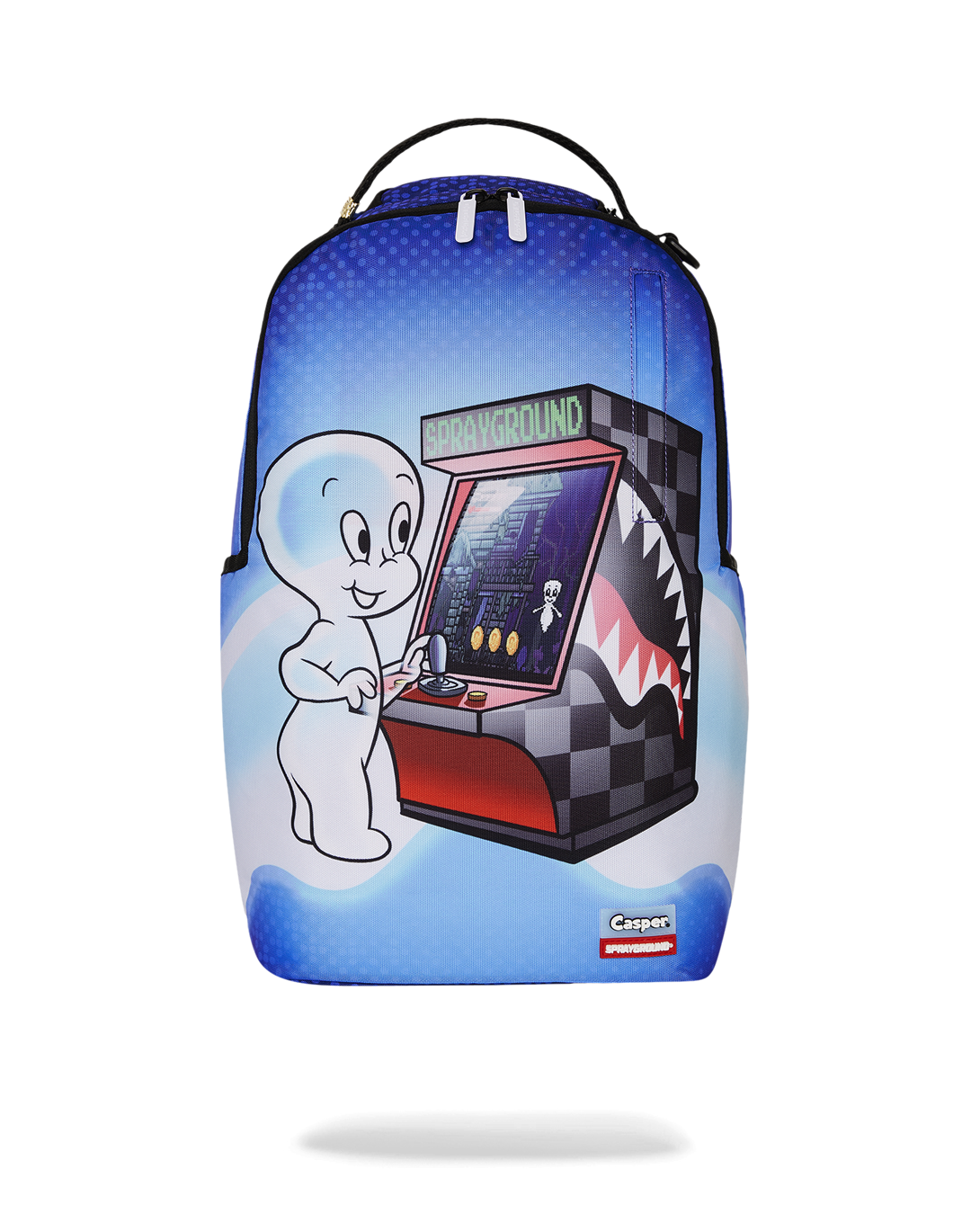 Close-up of the Casper Ghost Player One backpack with gold zippers and metal hardware