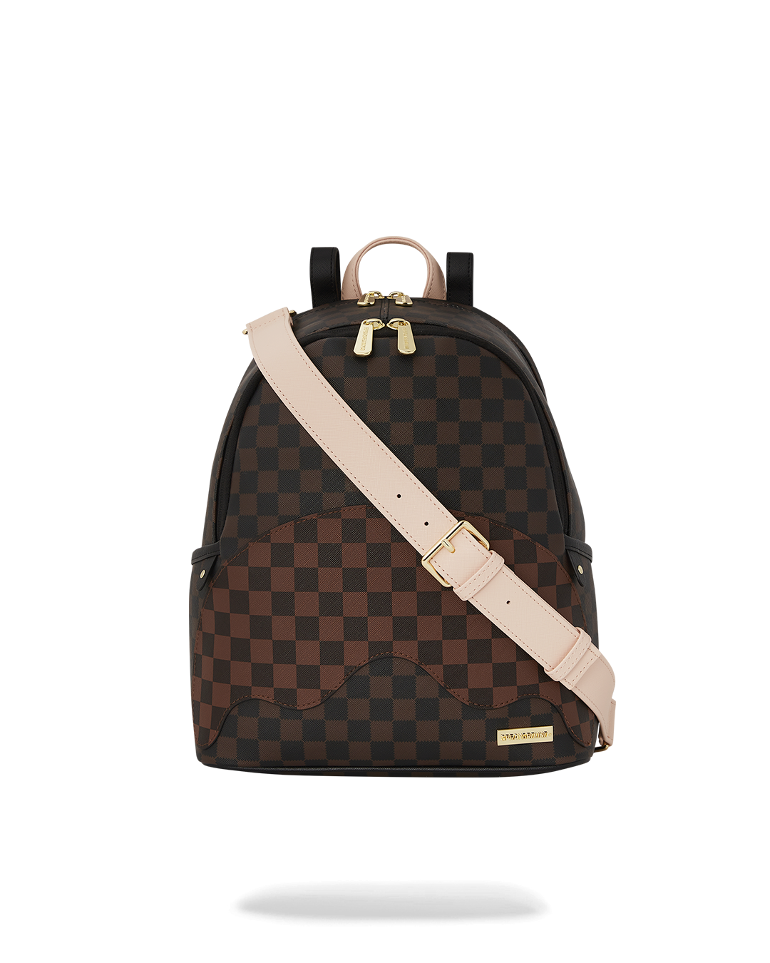 Savage Luxe faux leather backpack with adjustable straps and gold zippers.
