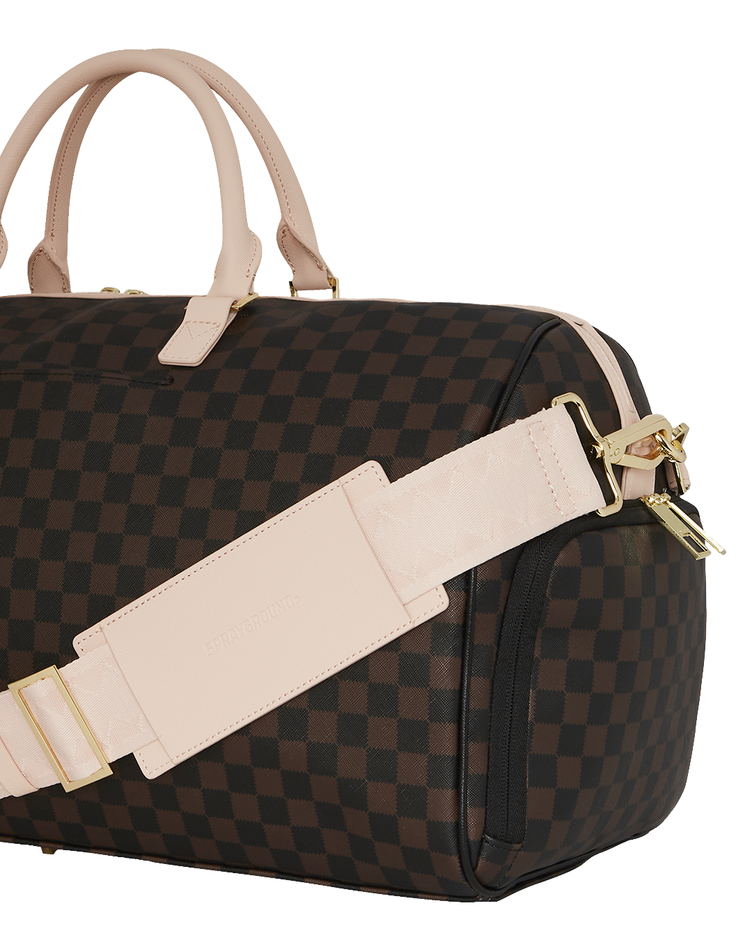 Side view of the adjustable straps on the faux leather travel bag.