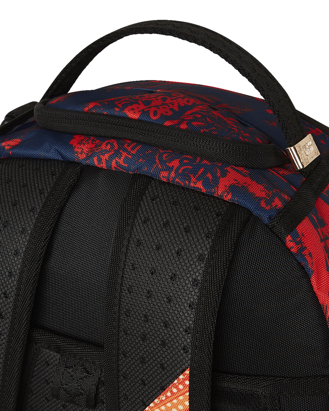 Model wearing the hero-themed backpack in a city park, showcasing adjustable straps