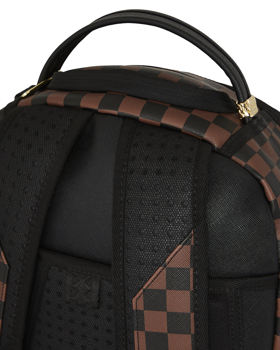 Back view of Sprayground faux leather backpack with ergonomic mesh padding and adjustable straps