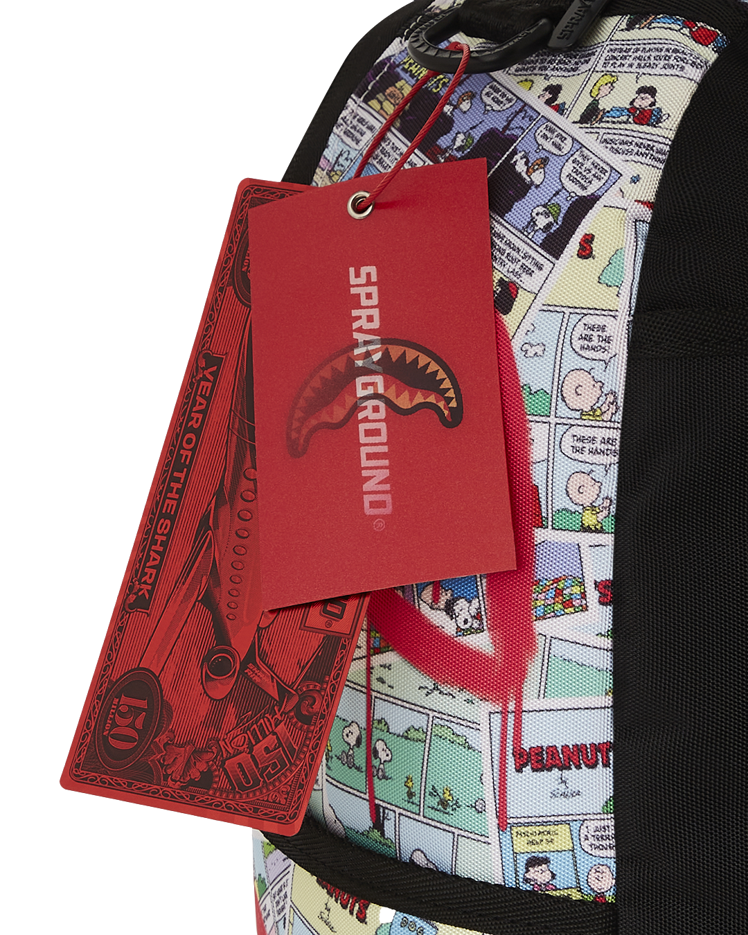 Snoopy backpack with multiple pockets and gold zippers, perfect for school or work