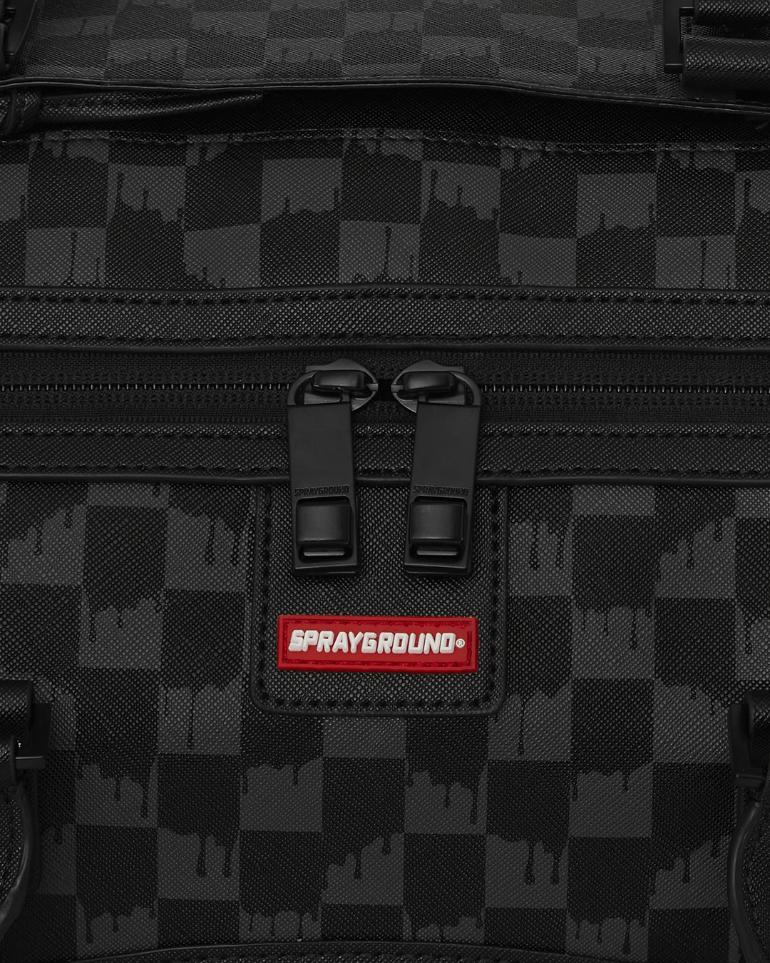 Leather Sharks in Paris ThunderDrip duffle bag with sharkmouth design and gold zippers